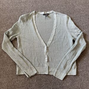 EILEEN FISHER Fine Organic Linen Crepe Knit Cropped Cardigan Light Blue Women S